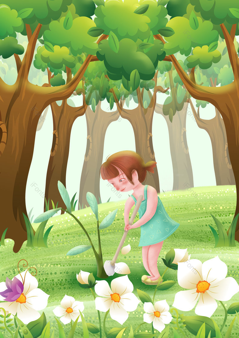 卡通手绘春天植树的女孩宣传背景,插画/手绘图,插画/手绘图库,插画/手绘图下载,插画/手绘